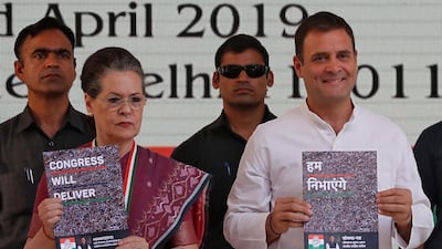 Congress party leader Rahul Gandhi and his mother Sonia Gandhi, its former president, launch the party's election manifesto in New Delhi on April 2, 2019. Reuters