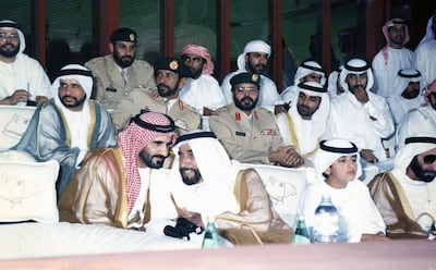 UAE Founding Father, the late Sheikh Zayed bin Sultan Al Nahyan, and Sheikh Mohammed Bin Rashid, Vice President and Ruler of Dubai, watching the final race of the Annual Camel Festival at Nad Al Sheba in 1996. Photo: Wam National Archives