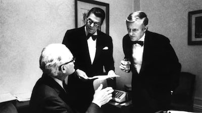 From left, US Senator Barry Goldwater (1909 - 1998), US President Ronald Reagan (1911 - 2004), and writer and TV host William F Buckley Jr (1925 - 2008) in1987. (Photo by LMPC via Getty Images)