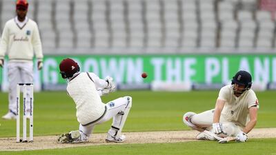 Dom Sibley survives a run out opportunity for the Windes. Getty