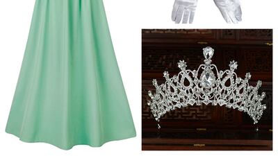 Dress as Kate Sharma from ‘Bridgerton’: HEQU regency dress, Dh118.31, www.amazon.ae; crystal tiara crown, Dh40.11, www.lightinthebox.com; satin finger gloves, Dh40, www.dragonmart.ae. Photo: HEQU, Light in the box, Dragonmart