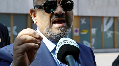 Yemen foreign minister Khaled al-Yamani talks to media before leaving a hotel during peace talks in Geneva. Reuters