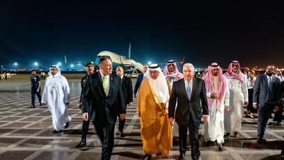 Saudi Foreign Minister Ibrahim Al Assaf and US Ambassador to Saudi Arabia John P Abizaid, centre right, meet Mike Pompeo at Jeddah Airport. EPA