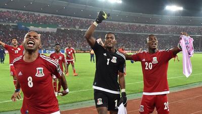 Equatorial Guinea's players celebrate after winning their 2015 African Cup of Nations quarter-final match against Tunisia on Saturday. Carl de Souza / AFP / January 31, 2015