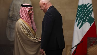 Saudi Foreign Minister Prince Faisal bin Farhan, left, greets Lebanese President Joseph Aoun at the presidential palace in Baabda, Lebanon, on a previous visit. Reuters