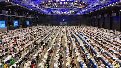A mass iftar organised by the Ajialouna organisation in Beirut, which set a record for the world’s longest iftar table at 3,255.8 metres. EPA
