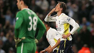 Peter Crouch, right, celebrates his goal for Tottenham at Manchester City in May which secured the London side of the fourth Champions League spot at the expense of their opponents.