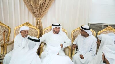 Sheikh Mohamed bin Zayed meets the family of Warrant Officer Ali Abdullah Ahmed Al Dhanhani. Hamad Al Kaabi / Ministry of Presidential Affairs