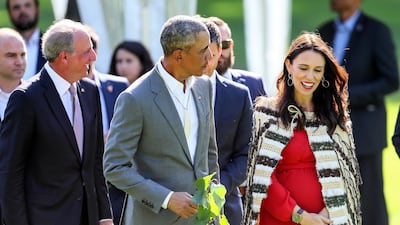 Barack Obama attends a powhiri (Maori welcoming ceremony) with New Zealand prime minister Jacinda Ardern at Government House on March 22, 2018 in Auckland, New Zealand. It was the former US president's first visit to New Zealand, where he gave a series of talks. Pool / Getty Images.
