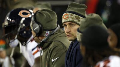 Jay Cutler of the Bears watches from the bench during Chicago's 55-14 NFL loss to the Green Bay Packers on Sunday. Mike Roemer / AP / November 9, 2014
