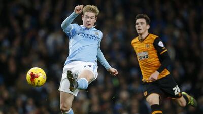 Kevin De Bruyne of Manchester City scores their third goal against Hull City in the League Cup on Tuesday night. Phil Noble / Reuters
