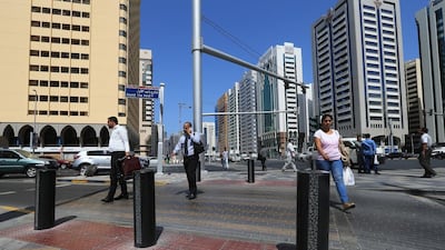 The newly-improved crossing space for pedestrians at the Al Salam and Al Electra Street intersection in Abu Dhabi. Small changes to road layout can make a big difference to safety. Ravindranath K / The National