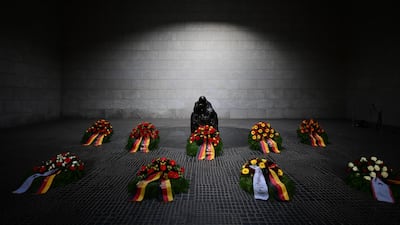 A general view of wreaths laying on the ground after a wreath laying ceremony at the memorial site 'Neue Wache' (New Guardhouse) to commemorate the national day of mourning for the victims of war and dictatorship, in Berlin, Germany. EPA
