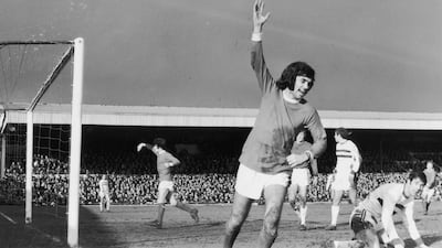 George Best celebrates scoring for United in their FA Cup fifth round tie against Northampton in 1970. Getty