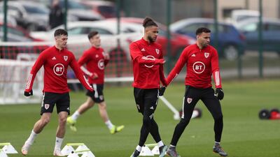 Left to right: Derby's Tom Lawrence, Tyler Roberts of Leeds and Hal Robson-Kanu of West Bromwich Albion during Wales training. PA
