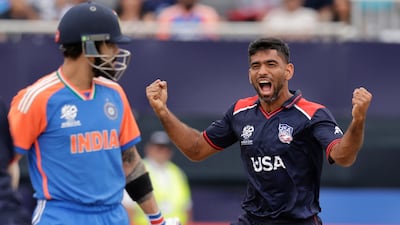 USA bowler Saurabh Nethralvakar celebrates the dismissal of India batsman Virat Kohli. AP
