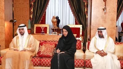 From left: Sheikh Maktoum bin Mohammed; Reem Al Hashimi, and Sheikh Ahmed bin Saeed, President of Dubai Civil Aviation Authority, chief executive and chairman of the Emirates Group; attend the reception at Zabeel palace.