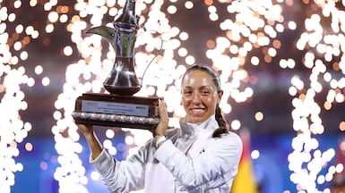 DUBAI, UNITED ARAB EMIRATES - FEBRUARY 21: Jessica Pegula of United States poses with the trophy after victory over Elina Svitolina of Ukraine in the Women’s Singles Final match during day seven of the Dubai Duty Free Tennis Championships, part of the Hologic WTA Tour at Dubai Duty Free Tennis Stadium on February 21, 2026 in Dubai, United Arab Emirates. (Photo by Francois Nel / Getty Images)