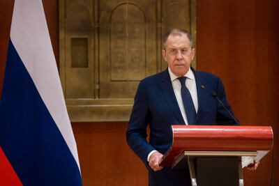 Sergey Lavrov, Russian Foreign Minister, gives a press conference in New Delhi on Thursday. AFP