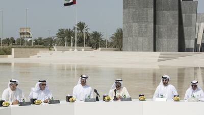 From left: Sheikh Mansour bin Zayed, Deputy Prime Minister and Minister of Presidential Affairs, Sheikh Saif bin Zayed, Deputy Prime Minister and Minister of Interior, Sheikh Mohammed bin Zayed, Crown Prince of Abu Dhabi and Deputy Supreme Commander of the Armed Forces, Sheikh Mohammed bin Rashid, Vice-President and Ruler of Dubai, Mohammed Abdulla Al Gergawi, Minister of Cabinet Affairs and the Future, and Sheikh Hamdan bin Rashid, Deputy Ruler of Dubai, attend a Cabinet meeting at Wahat Al Karama. Ryan Carter / Crown Prince Court - Abu Dhabi