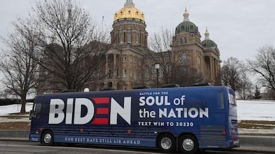 The campaign bus for Democratic presidential candidate former Vice President Joe Biden is seen parked in front of the Iowa State Capitol on February 3, 2020 in Des Moines, Iowa. Getty Images/AFP