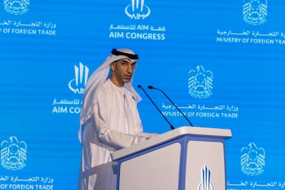 Dr Thani Al Zeyoudi, UAE Minister of Foreign Trade, speaking at AIM Congress. Antonie Robertson/The National