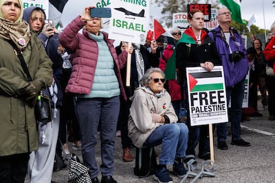 Pro-Palestinian campaigners gather outside a BAE Systems site to protest F-35 sales. Dan Kitwood / Getty Images