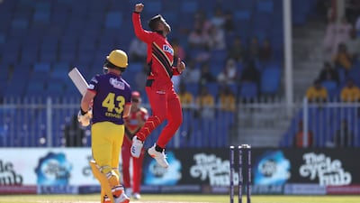 Khuzaima Tanveer of Desert Vipers, who finished with figures of four for 22, celebrates the wicket of Tim Seifert of Sharjah Warriorz. ILT20