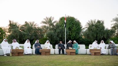 President Sheikh Mohamed with Prabowo Subianto, President of Indonesia, Sheikh Mohammed bin Rashid, Vice President, Prime Minister and Ruler of Dubai, Sheikh Mansour bin Zayed, Vice President, Deputy Prime Minister and Chairman of the Presidential Court, Sheikh Saif bin Mohamed Al Nahyan, Sheikh Hamad bin Mohammed Al Sharqi, Ruler of Fujairah, Sheikh Dr Sultan bin Muhammad Al Qasimi, Ruler of Sharjah, Sheikh Saud bin Saqr Al Qasimi, Ruler of Ras Al Khaimah, Sheikh Saud bin Rashid Al Mualla, Ruler of Umm Al Quwain, Sheikh Ammar bin Humaid Al Nuaimi, Crown Prince of Ajman, and Sheikh Sultan bin Muhammad bin Sultan Al Qasimi, Crown Prince of Sharjah, at the iftar reception
