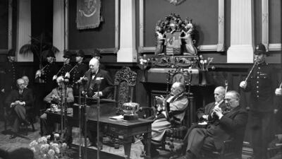 Prime Minister Winston Churchill makes a speech after receiving the Freedom of Bristol at the Council Chambers in 1945