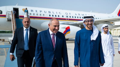 Sheikh Abdullah bin Zayed, Deputy Prime Minister and Minister of Foreign Affairs, receives Mr Pashinyan at the Presidential Airport in Abu Dhabi