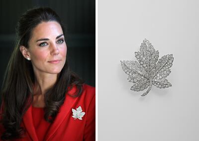 The Duchess of Cambridge wearing the Canadian Maple Leaf brooch, which was first worn by the queen in 1951. Photo: Getty Images / Royal Collection Trust