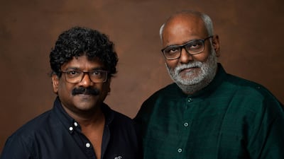 Lyricist Chandrabose, left, and composer M M Keeravaani could soon win an Oscar for Naatu Naatu. AP