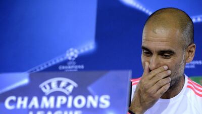 Bayern Munich's Pep Guardiola shown on Monday at a press conference ahead of his team's Champions League match on Wednesday. Christof Stache / AFP / September 28, 2015