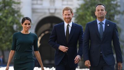Meghan, Duchess of Sussex and Prince Harry, Duke of Sussex, are greeted by Mr Varadkar in Dublin in July 2018. Getty Images
