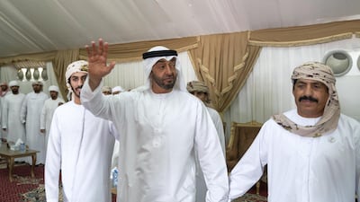 Sheikh Mohamed bin Zayed, Crown Prince of Abu Dhabi and Deputy Supreme Commander of the UAE Armed Forces ,offers condolences to the family of Warrant Officer Saif Dhawi Rashid Al Tunaiji. Mohamed Al Hammadi / Ministry of Presidential Affairs