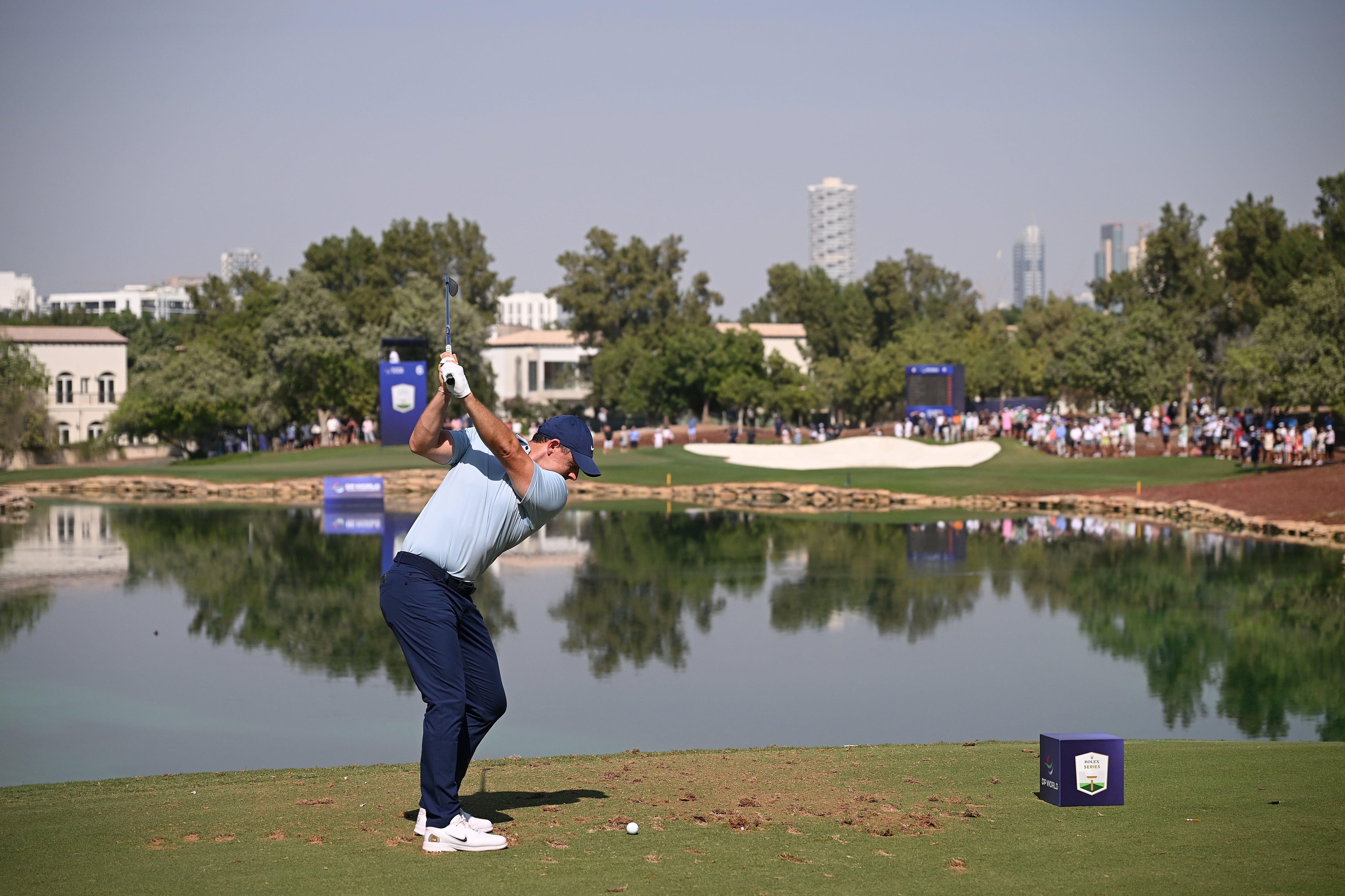 Rory McIlroy tees off on the sixth hole at Jumeirah Golf Estates. Getty Images