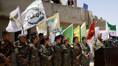 Syrian Democratic Forces (SDF) spokesman Talal Silo speaks during a news conference in Hukoumiya village in Raqqa, Syria June 6, 2017.REUTERS/Rodi Said