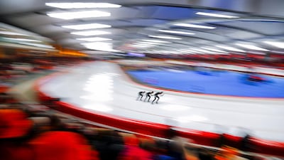 Canada's men's team competes in the team pursuit at the the ISU single distance Speedskating World Championships in Inzell, Germany. AP