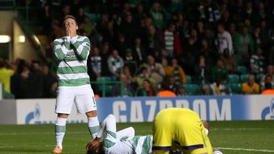 Kris Commons of Celtic reacts during their loss to Maribor in the Champions League third qualifying round on Tuesday. Ian MacNicol / Getty Images / August 26, 2014
