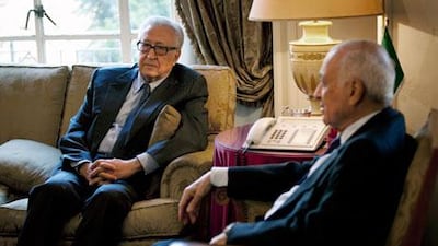 Lakhdar Brahimi, left, the United Nations envoy for Syria, called for talks between the opposition and representatives of president Bashar Al Assad after a meeting at the Arab League headquarters in Cairo on Sunday. Nasser Nasser / AP Photo