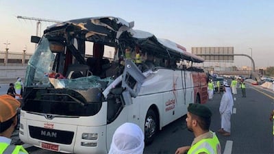 The Oman-registered bus was travelling along Sheikh Mohamed bin Zayed Road, carrying 31 passengers, when it crashed into a signboard at Al Rashidiya exit.