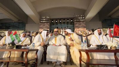 Sheikh Mohammed bin Zayed, Crown Prince of Abu Dhabi and Deputy Supreme Commander of the UAE Armed Forces, third left, King Mohammed VI of Morocco, fourth left, and Sheikh Mohammed bin Rashid, Vice-President of the UAE and Ruler of Dubai, fifth left, at the celebrations at Adnec. Seen with them are Sheikh Saud bin Rashid Al Mu’alla, UAE Supreme Council Member and Ruler of Umm Al Quwain, left, Sheikh Humaid bin Rashid Al Nuaimi, UAE Supreme Council Member and Ruler of Ajman, second left, and Dr Sheikh Sultan bin Mohammed Al Qasimi UAE Supreme Council Member and Ruler of Sharjah, right. Crown Prince Court - Abu Dhabi