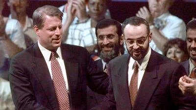 Sheikh Mohammed bin Zayed shakes hands with US vice president Al Gore at the Lockheed Martin aircraft plant in Fort Worth, Texas. The UAE announced it plans to spend US$7 billion for 80 F-16 fighter jets manufactured by Lockheed Martin. Ron Heflin / AP Photo / May 15, 1998