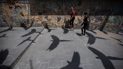 The shadows of synthetic macaws are cast on the pavement as pedestrians wearing protective face masks walk past, in the Petare neighborhood of Caracas, Venezuela. AP