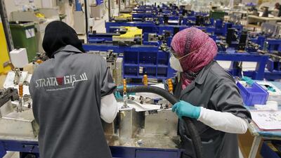 Women operators work in the final assembly area at Strata, a composites aerostructures manufacturing plant in Al Ain. Jumana El Heloueh / Reuters