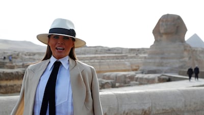 She stopped to speak with the media before touring the pyramids.