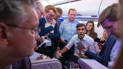 Mr Sunak with journalists on a flight to Bali for the G20 summit. Photo: Simon Walker / No 10 Downing Street