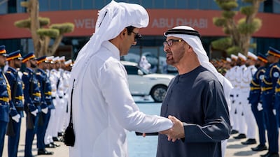 President Sheikh Mohamed bids farewell to Sheikh Tamim at Al Bateen Executive Airport in Abu Dhabi