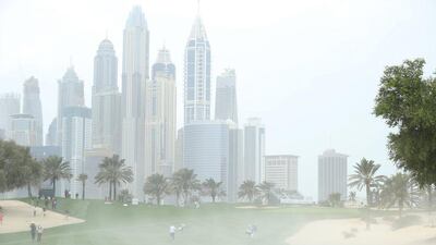 General View of the eighth hole as sand engulfs the fairway during the second round of the Omega Dubai Desert Classic. Warren Little / Getty Images